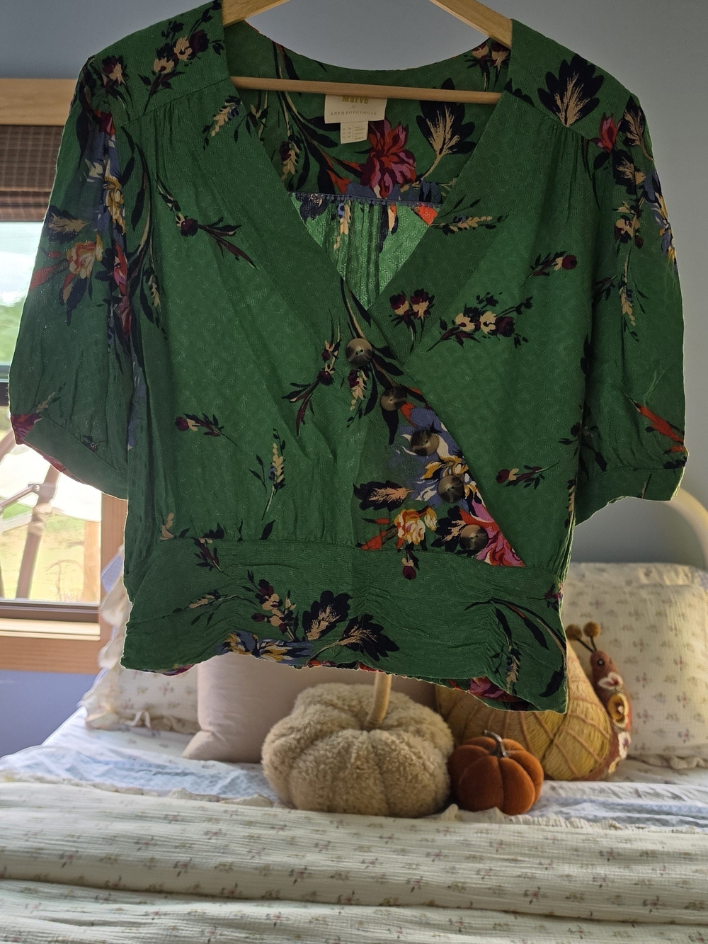 Maeve Anthropologie Green Floral Wrap Blouse